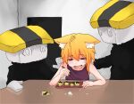  &lt;o&gt;_&lt;o&gt; 1girl 2others alternate_costume animal_ears asymmetrical_hair bangs blank_room_soup blonde_hair brown_tank_top chopsticks closed_eyes commentary_request cookie_(touhou) crying eating eyebrows_visible_through_hair fox_ears fox_girl highres holding holding_chopsticks indoors medium_hair meme miramikaru_riran multiple_others omelet open_mouth plate rice sidelocks table tamagoyaki tank_top upper_body yan_pai 