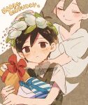  1boy 1girl black_eyes black_hair black_sweater_vest blush closed_eyes closed_mouth dress expressionless flower ghost gift happy_birthday holding holding_gift long_hair mari_(faraway)_(omori) mari_(omori) mnmn0406 omori shirt short_sleeves smile spoilers sunny_(omori) sweater_vest white_dress white_shirt 