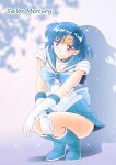  1girl bishoujo_senshi_sailor_moon blue_choker blue_eyes blue_footwear blue_hair blue_sailor_collar blue_skirt blush character_name choker circlet closed_mouth collarbone collared_shirt elbow_gloves full_body gloves kaze_no_ryuuryuu looking_to_the_side magical_girl medium_hair miniskirt mizuno_ami pleated_skirt sailor_collar sailor_mercury sailor_senshi_uniform sailor_shirt shadow shiny shiny_hair shirt short_sleeves skirt smile solo sparkle squatting white_gloves white_shirt 