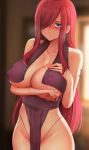  1girl arm_tattoo arm_under_breasts blush breasts collarbone covered_navel covered_nipples erza_scarlet fairy_tail full-face_blush ginhaha groin hair_over_one_eye highres lactation lactation_through_clothes large_breasts long_hair looking_at_viewer parted_lips pelvic_curtain red_hair revealing_clothes solo standing straight_hair sweat tattoo thong very_long_hair 