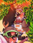  beak bird blurry brown_bag closed_mouth commentary dated english_commentary fletchling ginja_k_ninja goggles leaf looking_at_viewer open_mouth pokemon pokemon_(creature) pokemon_(game) pokemon_unite pouch signature talonflame talons tongue tree 