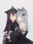  0_(znanimo) 2girls =_= absurdres ahoge animal_ears arknights black_jacket blue_eyes closed_eyes commentary ear_piercing fang grey_hair hair_between_eyes hair_ornament hairclip highres hug jacket lappland_(arknights) long_hair looking_at_viewer multiple_girls off_shoulder one_eye_closed open_clothes open_jacket piercing pouch shirt simple_background skin_fang smile split_mouth symbol-only_commentary texas_(arknights) translated upper_body white_background white_jacket white_shirt wolf_ears yuri 