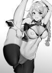  1girl antenna_hair arm_up ass_visible_through_thighs bangs blush bodysuit braid breasts cameltoe cleavage_cutout clothing_cutout commission covered_navel covered_nipples eyebrows_visible_through_hair gradient gradient_background grey_background greyscale hair_ornament hairband highres honkai_(series) honkai_impact_3rd kiana_kaslana kiana_kaslana_(white_comet) kta_osushi long_hair looking_at_viewer medium_breasts monochrome skeb_commission smile solo split standing standing_on_one_leg standing_split star_(symbol) star_hair_ornament swept_bangs twin_braids v-shaped_eyebrows white_background 