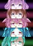  .live absurdres blue_eyes carro_pino glasses glowing glowing_eyes green_eyes hair_between_eyes highres kagura_suzu_(.live) kakyouin_chieri looking_at_viewer mokota_mememe parody persona persona_3 persona_eyes pink_eyes purple_eyes red_eyes sakuria virtual_youtuber yamato_iori 