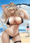  2girls abs antlers arm_behind_head arm_up armpits ass_visible_through_thighs bangs bare_shoulders beach biceps bikini bird black_bikini blue_eyes blue_sky blue_swimsuit blush breasts cameltoe cernunnos_(fate) cleavage collarbone contrapposto cowboy_shot eyebrows_visible_through_hair fairy_knight_gawain_(fate) fairy_knight_lancelot_(fate) fate/grand_order fate_(series) giant giant_monster heterochromia horns innertube jikihatiman large_breasts long_hair monster multiple_girls muscular muscular_female navel ocean one-piece_swimsuit ponytail sand seagull shore sidelocks sky sunglasses swimsuit thigh_strap thighs wet white_hair yellow_eyes 