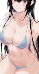  1girl arm_behind_back bangs bare_shoulders barefoot bikini black_hair blue_bikini breasts closed_mouth collarbone hair_between_eyes hair_ribbon haitekudasai_takamine-san halterneck hiiragi_yuuichi large_breasts light_smile long_hair looking_at_viewer navel red_eyes ribbon simple_background sitting skindentation solo string_bikini swimsuit takamine_takane thighs wariza white_background 