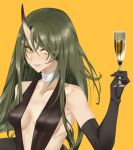  1girl absurdres alcohol alternate_costume arknights bangs bare_shoulders black_dress black_gloves breasts choker collarbone commentary_request cup dress drinking_glass elbow_gloves gloves green_hair grin hair_between_eyes hand_up highres holding holding_cup horns hoshiguma_(arknights) kokushi_kanta long_hair looking_at_viewer medium_breasts parted_lips simple_background single_horn smile solo upper_body white_choker wine wine_glass yellow_background yellow_eyes 