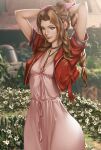  1girl adjusting_hair aerith_gainsborough bow bracelet braid braided_ponytail breasts brown_hair cleavage closed_mouth commentary cropped_jacket day dress field final_fantasy final_fantasy_vii final_fantasy_vii_remake flower flower_field green_eyes hair_bow highres jacket jewelry long_braid long_hair looking_at_viewer mixed-language_commentary necklace outdoors pink_dress red_jacket short_sleeves signature sirenlin smile solo very_long_hair 