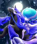  :&lt; blurry calyrex calyrex_(shadow_rider) closed_mouth commentary_request from_below grey_eyes highres looking_back moon night ohdon outdoors pokemon pokemon_(creature) riding riding_pokemon sky spectrier watermark 