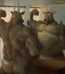 2024 abdominal_bulge animal_genitalia anthro butt canid canine canis deer duo flexing flexing_bicep genitals hairy_belly hi_res kent_(pacific_coyote) macro male male/male mammal mirco musclegut muscular nipples nude overweight pacific_coyote sheath signature wide_hips wolf