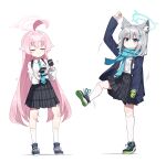  2girls absurdres ahoge animal_ear_fluff animal_ears arm_up black_footwear black_gloves black_skirt blue_archive blue_coat blue_eyes blue_footwear blue_halo blue_necktie blush bright_pupils chest_harness clenched_hands closed_eyes closed_mouth coat cross cross_hair_ornament dancing fingerless_gloves gloves green_footwear green_gloves grey_hair hair_flaps hair_ornament halo harness highres hoshino_(blue_archive) huge_ahoge inverted_cross leg_up long_sleeves looking_up mismatched_pupils multiple_girls necktie oddloop pink_hair pink_halo plaid_clothes plaid_skirt pleated_skirt shiroko_(blue_archive) shirt short_hair single_glove skirt socks standing standing_on_one_leg two-tone_footwear wagashi928 white_pupils white_shirt white_socks wolf_ears wolf_girl 