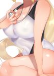  1girl breasts cleavage close-up competition_swimsuit covered_nipples fate/apocrypha fate/grand_order fate_(series) hanapi_(happ03nanana03) head_out_of_frame highres jeanne_d&#039;arc_(fate) jeanne_d&#039;arc_(fate/apocrypha) jeanne_d&#039;arc_(swimsuit_archer)_(fate) large_breasts long_hair one-piece_swimsuit out_of_frame ponytail shiny shiny_clothes shiny_hair shiny_skin simple_background sitting solo swimsuit whistle whistle_around_neck white_background white_swimsuit 