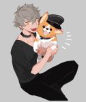  1boy :d absurdres animal choker dog ensemble_stars! foot_out_of_frame grey_background highres holding holding_animal looking_at_viewer male_focus ogami_koga pppp49 simple_background sitting smile solo v-neck welsh_corgi 