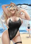  2girls antlers arm_behind_head arm_up armpits ass_visible_through_thighs bangs bare_shoulders beach biceps bird black_swimsuit blue_eyes blue_sky blue_swimsuit blush breasts cameltoe cernunnos_(fate) cleavage collarbone contrapposto covered_navel cowboy_shot eyebrows_visible_through_hair fairy_knight_gawain_(fate) fairy_knight_lancelot_(fate) fate/grand_order fate_(series) giant giant_monster heterochromia highleg highleg_swimsuit horns innertube jikihatiman large_breasts long_hair monster multiple_girls muscular muscular_female navel ocean one-piece_swimsuit ponytail sand seagull shore sidelocks sky sunglasses swimsuit thigh_strap thighs wet white_hair yellow_eyes 