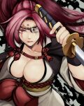  1girl baiken breasts cleavage collarbone eyepatch facial_tattoo guilty_gear holding holding_sword holding_weapon japanese_clothes katana large_breasts long_hair pink_eyes pink_hair reverse_grip scar scar_across_eye solo sword tattoo upper_body weapon yuhji 