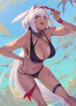  1girl animal_ears bangs bare_shoulders beach bikini black_bikini black_hairband blue_eyes blue_sky body_markings bracelet breasts caenis_(fate) caenis_(swimsuit_rider)_(fate) cleavage cloud cloudy_sky collarbone eyewear_removed fate/grand_order fate_(series) hairband highres holding holding_eyewear jewelry large_breasts leaning_forward long_hair looking_at_viewer nail_polish navel ocean ohland open_mouth palm_tree sky smile solo sunglasses swimsuit thigh_strap thighs toned tree very_long_hair water white_hair white_nails wristband 