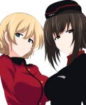  2girls absurdres aikir_(jml5160) bangs black_headwear black_jacket blonde_hair blue_eyes braid breasts brown_eyes brown_hair closed_mouth commentary darjeeling_(girls_und_panzer) dress_shirt frown garrison_cap girls_und_panzer glaring half-closed_eyes hat highres insignia jacket kuromorimine_military_uniform large_breasts long_sleeves military military_hat military_uniform multiple_girls nishizumi_maho red_jacket red_shirt shirt short_hair simple_background st._gloriana&#039;s_military_uniform tied_hair uniform white_background wing_collar 