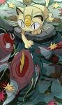  anzu_(01010611) black_eyes cat claws closed_mouth commentary day fangs fish goldeen highres leaf magikarp meowth no_humans outdoors pokemon pokemon_(creature) ripples symbol-only_commentary water 