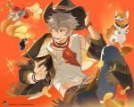  1boy :d absurdres adjusting_clothes adjusting_headwear bandana bandana_around_neck bracelet brown_jacket chips_(food) copyright_name cowboy_hat denim ensemble_stars! fang feet_out_of_frame food hat highres inset jacket jeans jewelry knee_up looking_to_the_side male_focus midriff_peek neckerchief ogami_koga open_clothes open_jacket orange_background pants pants_tucked_in pppp49 pringles red_neckerchief salt_shaker shirt smile solo teeth tongue welsh_corgi white_shirt 