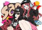  1boy 1girl bangs baseball_cap black_headwear black_hoodie blue_bow blue_eyes bow brown_hair chewing_gum claw_pose clothes_writing da_huang drawstring english_text graffiti hair_bow hat hood hood_down hood_up hoodie interlocked_fingers jacket long_hair long_sleeves looking_at_viewer looking_to_the_side minamoto_sakura miniskirt open_clothes open_jacket open_mouth own_hands_together paint_splatter pink_bow pink_skirt pleated_skirt polka_dot polka_dot_bow print_headwear red_hair red_jacket romero_(zombie_land_saga) short_hair side-by-side sitting skirt smile sunglasses tatsumi_koutarou zombie_land_saga 