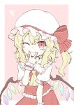  1girl ascot bangs blonde_hair blush border bow closed_mouth commentary_request crystal eyebrows_visible_through_hair eyebrows_visible_through_hat fang fang_out flandre_scarlet frilled_shirt_collar frills hair_between_eyes hat hat_bow highres long_hair looking_at_viewer mob_cap one_eye_closed one_side_up oninamako outside_border pink_background puffy_short_sleeves puffy_sleeves red_bow red_eyes red_skirt red_vest short_sleeves simple_background skirt slit_pupils smile solo touhou upper_body v_over_mouth vest white_border white_headwear wings yellow_ascot 