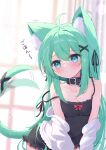  1girl :&lt; ahoge animal_ear_fluff animal_ears black_collar black_ribbon blush breasts cat_ears cat_girl cat_tail cleavage collar commentary_request eyebrows_visible_through_hair green_eyes green_hair hair_between_eyes hair_ornament hair_ribbon highres long_hair mikaze_oto original revision ribbon small_breasts solo tail tail_wagging x_hair_ornament 