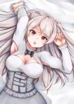  1girl armpit_cutout breasts brown_eyes cleavage cleavage_cutout clothing_cutout conte_di_cavour_(kancolle) corset dress grey_hair highres kantai_collection koru_pera large_breasts long_hair long_sleeves lying on_back solo two_side_up upper_body white_dress 