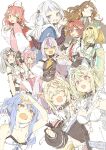  6+girls :o abara_heiki ahoge animal_ear_fluff animal_ears anya_melfissa arm_up backpack bag bandaid bandaid_hair_ornament bare_shoulders belt black_hair blonde_hair blue_belt blue_eyes blue_hair blue_hairband blue_nails breasts brown_hair cleavage closed_eyes closed_mouth collar fang fuwawa_abyssgard gawr_gura green_eyes grin hair_between_eyes hair_ornament hair_wings hairband hakui_koyori hand_up hat highres holding holding_mask hololive hololive_english hololive_indonesia horns kazama_iroha la+_darknesss looking_at_another looking_at_viewer mask mococo_abyssgard multicolored_hair multiple_girls open_mouth outstretched_arm pink_hair pink_hairband purple_eyes purple_hair rabbit_ears red_eyes red_hair sakamata_chloe sakura_miko skin_fang smile streaked_hair takane_lui two-tone_hair usada_pekora v-shaped_eyebrows white_hair x_hair_ornament yellow_eyes 