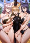  3girls animal_ear_fluff animal_ears arms_up bangs bikini black_hair blue_eyes blush bound bound_wrists breast_grab breasts brown_eyes brown_hair commission covered_navel day eyebrows_visible_through_hair fox_ears grabbing hair_between_eyes highleg highleg_swimsuit highres huge_breasts kirin_ouji long_hair medium_breasts multiple_girls navel o-ring o-ring_swimsuit one-piece_swimsuit open_mouth original outdoors pink_hair rope short_hair smile strapless strapless_bikini swimsuit wet yuri 