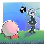  1girl absurdres bbycheese black_blindfold black_dress black_hairband blindfold covered_eyes crossover dress feather-trimmed_sleeves hairband highres kirby kirby_(series) kirby_and_the_forgotten_land looking_at_viewer nier_(series) nier_automata yorha_no._2_type_b 