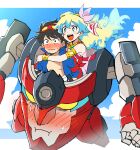  1boy 1girl absurdres bangs bare_shoulders black_hair blonde_hair blue_sky blush cloud commentary dress eyebrows_visible_through_hair flower goggles goggles_on_head hair_flower hair_ornament highres hug jacket lagann long_hair mecha multicolored_hair necktie nia_teppelin open_clothes open_jacket open_mouth popped_collar potomithu simon_(ttgl) sky sleeveless sleeveless_dress sweatdrop symbol-shaped_pupils teeth tengen_toppa_gurren_lagann two-tone_hair upper_teeth very_long_hair 