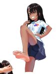  bangs barefoot bike_shorts black_hair black_shorts black_skirt brown_eyes commentary dark-skinned_female dark_skin dress_shirt english_commentary feet foot_focus foot_up grin hair_ornament hairclip hand_on_hip hand_on_own_chest ijiranaide_nagatoro-san leg_up long_hair looking_at_viewer nagatoro_hayase pov pov_hands presenting_foot puerto_rican_flag raised_eyebrows shirt shorts simple_background skirt smile soles standing standing_on_one_leg thick_eyebrows toes upskirt vodkuh white_background white_shirt 
