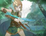  1girl armor blonde_hair blue_eyes braid braided_bun cape dappled_sunlight dress elf fantasy forest gloves grass hair_ornament hairclip nature original outdoors pointy_ears scabbard sheath short_hair shoulder_armor sidelocks sleeveless smile solo stance sunlight sword tree water waterfall weapon yoshitake 