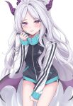  1girl alternate_costume amyu_(amm_asl_pa) black_buruma black_horns black_jacket black_wings blue_archive blush buruma demon_girl demon_horns demon_wings highres hina_(blue_archive) horns jacket long_hair long_sleeves looking_at_viewer purple_eyes purple_wings simple_background solo track_jacket two-tone_wings very_long_hair white_background white_hair wings 
