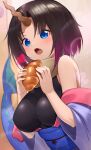  1girl :o absurdres ahoge bangs bare_shoulders black_hair black_leotard blue_eyes blush breasts croissant detached_sleeves elma_(maidragon) eyebrows_visible_through_hair fang food gradient gradient_background gradient_hair heart highres holding holding_food jsih kobayashi-san_chi_no_maidragon large_breasts lens_flare leotard leotard_under_clothes long_sleeves multicolored_hair obi open_mouth orange_background parted_bangs purple_hair sash short_hair solo tail taut_clothes upper_body 