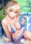  1girl bangs bikini blonde_hair blue_bikini blue_eyes blue_swimsuit blurry blush breasts cleavage collarbone commentary cowboy_shot depth_of_field eyebrows_visible_through_hair frilled_bikini frills gentsuki grass hair_between_eyes hair_intakes halterneck highres hose large_breasts looking_at_viewer navel original outdoors parted_lips partially_submerged pool rubber_duck short_hair sitting solo stomach string_bikini swimsuit thighs untied untied_bikini wading_pool water 