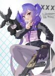  1girl absurdres apex_legends black_sweater blue_eyes braid breasts bureoeve commission ember_(selen_tatsuki) fang grey_pants gun head_wings heterochromia highres holding holding_gun holding_weapon lanyard medium_breasts medium_hair muzzle nijisanji nijisanji_en pants purple_eyes purple_hair r-99_smg selen_tatsuki skeb_commission skin_fang smile solo submachine_gun sweater tongue tongue_out trigger_discipline twin_braids virtual_youtuber weapon 