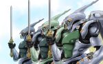  antennae army cable claws cloud colored_pencil_(medium) commentary dunbine fantasy graphite_(medium) highres insect_wings izo_(bjc000510) machinery mecha salute science_fiction seisenshi_dunbine sword traditional_media upper_body weapon wings 
