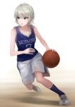  1girl absurdres anastasia_(idolmaster) bangs basketball basketball_uniform blue_eyes blue_legwear blue_shirt collarbone hair_between_eyes highres idolmaster idolmaster_cinderella_girls kusaba_eru_(happy_crystal) open_mouth running shiny shiny_hair shirt shoes short_hair shorts silver_hair simple_background sleeveless sleeveless_shirt sneakers solo sportswear white_background white_footwear white_shorts 