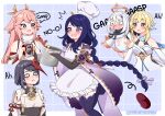  5girls :o absurdly_long_hair animal_ears apron armor bangs bird_mask black_bodysuit black_hair black_scarf blonde_hair blunt_bangs blush bodysuit braid braided_ponytail breasts bridal_gauntlets camera chef_hat cleavage commentary detached_sleeves dress earrings english_commentary english_text eyebrows_visible_through_hair floating fox_ears frilled_apron frills genshin_impact hair_between_eyes hair_ornament hat highres holding holding_camera holding_pot japanese_clothes jewelry kujou_sara long_hair long_sleeves low_ponytail lumine_(genshin_impact) mask mask_on_head mechanical_halo mikumoreau multiple_girls obi paimon_(genshin_impact) pink_hair pot purple_eyes raiden_shogun sash scarf short_hair short_hair_with_long_locks shoulder_armor sidelocks simple_background single_braid strapless strapless_dress surprised tearing_up thighhighs tripping twitter_username very_long_hair vision_(genshin_impact) white_dress white_hair white_scarf wide_sleeves yae_(genshin_impact) yellow_eyes zettai_ryouiki 