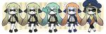  absurdres agent_3_(splatoon) akekawa1536 aqua_hair cloak green_eyes green_hair hat highres inkling mind_control multiple_persona one_eye_closed orange_hair peaked_cap pointy_ears poncho short_shorts shorts smile sparkle splatoon_(series) splatoon_1 splatoon_2 splatoon_2:_octo_expansion splatoon_3 squidbeak_splatoon walking 