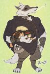  2boys animal artist_name black_sclera boots cape cat cat_boy collar colored_sclera death_(puss_in_boots) full_body furry furry_male furry_with_furry fuyodo green_background green_eyes hat hat_feather height_difference highres holding holding_animal holding_cat holding_leash hood hood_down leash male_focus mixed-language_commentary multiple_boys muscular muscular_male musical_note orange_cat pants poncho puss_in_boots puss_in_boots:_the_last_wish puss_in_boots_(shrek) red_eyes shrek_(series) sickle size_difference spoken_musical_note standing sweatdrop tabby_cat tail whistling wolf_boy yaoi 