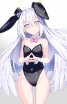  1girl animal_ears ataru_(cha2batake) azusa_(blue_archive) bangs bare_legs blue_archive blush breasts closed_mouth commentary_request hair_between_eyes halo highres long_hair playboy_bunny purple_eyes rabbit_ears silver_hair simple_background small_breasts solo white_background 