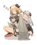  3girls absurdres ahoge arknights black_choker black_footwear black_shirt black_skirt blanket book brown_hair chibi chinese_commentary choker closed_eyes coat commentary_request dragon_girl dragon_horns dragon_tail glasses grey_hair highres holding holding_book horns ifrit_(arknights) indian_style long_hair multiple_girls orange_eyes reading rin_lingsong saria_(arknights) semi-rimless_eyewear shirt short_hair short_twintails silence_(arknights) simple_background sitting skirt sleeping tail twintails under-rim_eyewear white_background white_coat yellow_eyes younger zzz 