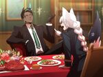  1boy 1girl absurdres animal_ears aragami_oga bangs black_hair black_jacket blue_jacket blurry blurry_background bookshelf braid braided_ponytail brown_gloves collared_shirt commentary dark-skinned_male dark_skin earrings fox_ears fox_girl fox_tail gloves green_eyes green_hair green_necktie highres hololive holostars horns indoors jacket jewelry long_hair looking_at_another multicolored_hair necktie okochama_sensou_(vocaloid) open_mouth pentagram plate pointing_at_another shirakami_fubuki shirt short_hair silou_b single_braid single_horn sitting streaked_hair swept_bangs symbol-only_commentary table tail virtual_youtuber white_gloves white_hair white_shirt 