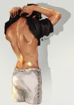  1boy absurdres back black_hair black_shirt clothes_lift cowboy_shot dark-skinned_male dark_skin dungeon_meshi from_behind grey_background highres kabru male_focus max_art149 pants shadow shirt shirt_lift short_hair shoulder_blades simple_background solo spine undressing white_pants 