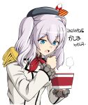  1girl artist_name beret black_headwear blue_eyes character_name chopsticks cup_ramen dated epaulettes frilled_sleeves frills gloves hat jacket kantai_collection kashima_(kancolle) long_sleeves military_jacket monsuu_(hoffman) neckerchief one-hour_drawing_challenge red_neckerchief sidelocks silver_hair simple_background solo twintails upper_body wavy_hair white_background white_gloves white_jacket 