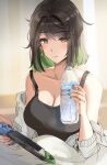  1girl bangs bare_shoulders black_hair blue_nails blush bottle breasts cleavage closed_mouth collarbone commentary eyebrows_visible_through_hair fingernails game_console green_eyes hair_ornament hairclip handheld_game_console highres holding lips looking_at_viewer medium_breasts miru_(ormille) mole mole_on_breast mole_under_eye multicolored_hair nail_polish nintendo_switch off_shoulder original ormille plastic_bottle shiny shiny_hair short_hair simple_background solo two-tone_hair water_bottle 