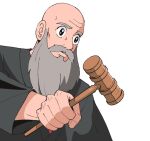  1boy ace_attorney bald beard black_coat black_eyes coat commentary facial_hair gavel green_(grimy) hammer hand_up hashimoto_mitsuru_(style) holding holding_hammer jpeg_artifacts judge long_sleeves male_focus mustache old old_man parody parted_lips simple_background solo symbol-only_commentary teeth the_judge_(ace_attorney) tsukiji_uogashi_sandaime upper_body white_background 
