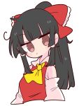  1girl armpit_peek ascot bangs black_hair bow brown_eyes detached_sleeves ears hair_bow hair_tubes hakurei_reimu highres long_sleeves looking_at_viewer op_na_yarou ponytail red_bow red_shirt shirt sidelocks simple_background sleeveless solo touhou white_background yellow_ascot 